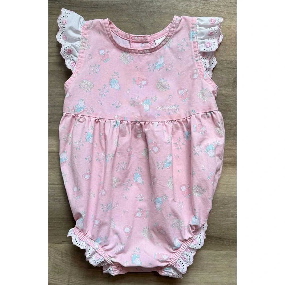 Vintage OshKosh Bgosh Pink Baby & Baskets Bubble Romper Eyelet 24 Months USA